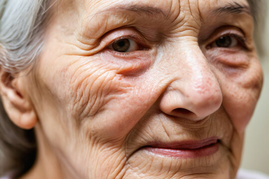 Close-up on face skin of old woman, skin exfoliation, dry skin concept