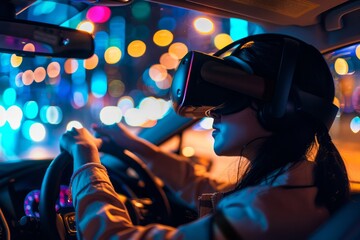 Person using virtual reality headset while driving at night, with city lights in the background.