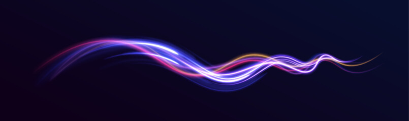 Racing cars dynamic flash effects city road with long exposure night ligh. Laser beams luminous abstract sparkling isolated on a transparent background. Futuristic dynamic motion technology.	