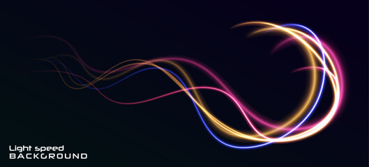 Light and stripes moving fast over dark background. Concept of leading in business, Hi tech products, warp speed wormhole science vector design. Abstract neon light rays background. 