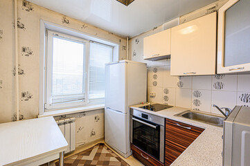 interior kitchen and dining room, refectory area, cooking equipment, table furniture, stove