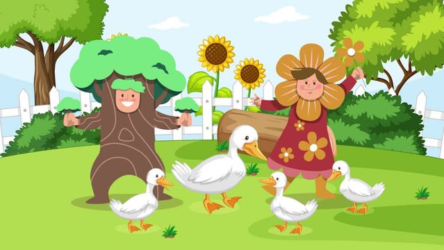 2d cute tree man with the flower man and the duck family dancing on the park with a sunny background, simple animated cartoon fun videos