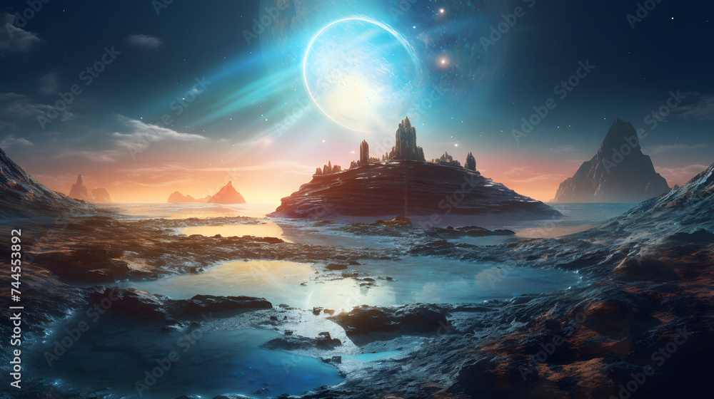 Poster an image of an alien planet with a blue light in it