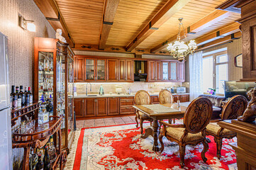 interior kitchen and dining room, refectory area, cooking equipment, table furniture, stove