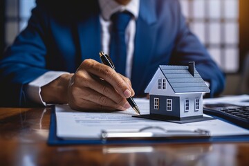 Real estate agent signing contract with miniature house on table