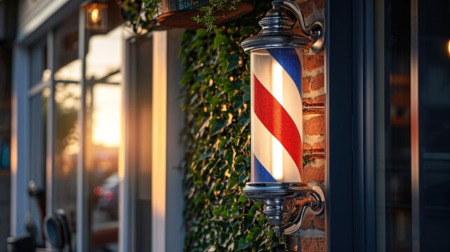 Barber pole hanging in front of barbershop