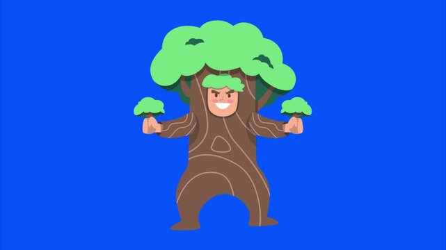 2d cute tree man dancing, concept idea or example of simple animated cartoon fun videos on blue screen isolated background