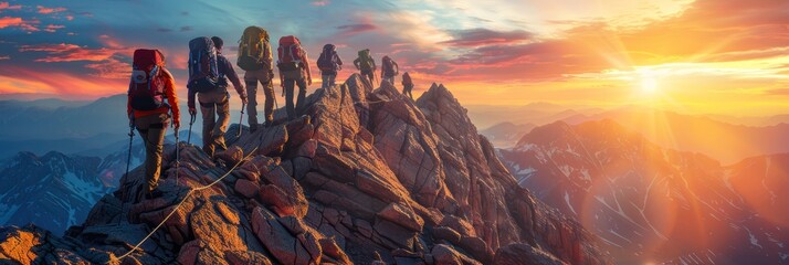 A group of mountain climbers at the mountain top against the backdrop of a scenic landscape.