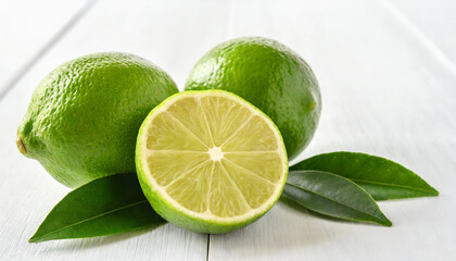 Fresh lime fruits with the peel and leaves on a white background