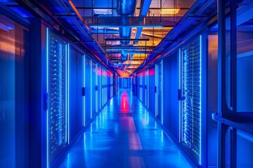 Futuristic data center with glowing blue servers