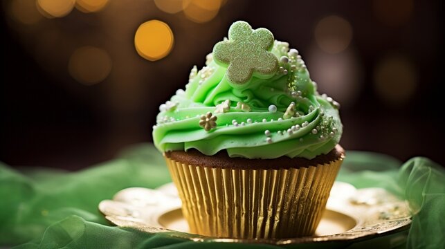 : A captivating image presenting a St. Patrick's Day cupcake delicately frosted with shimmering green icing and adorned with a charming clover detail, sure to enchant recipients of a festive party inv
