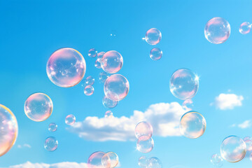 Floating soap bubbles in a clear Sky