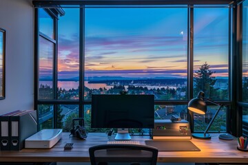 Home office with large window overlooking city at dusk