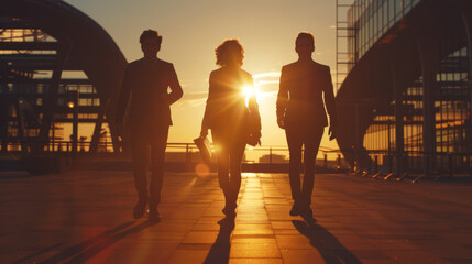 silhouetted business professionals walking across a bridge towards the sunlight with a cityscape in the background, suggesting themes of success, leadership, and future goals. - obrazy, fototapety, plakaty