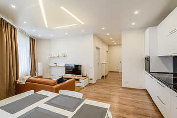 interior kitchen and dining room, refectory area, cooking equipment, table furniture, stove