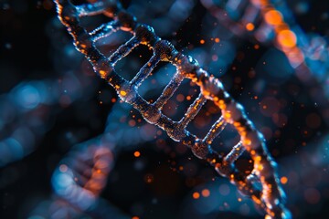 Close up of a glowing DNA helix with blue and orange highlights representing biotechnology concepts