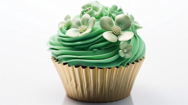 A captivating image presenting a St. Patrick's Day cupcake delicately frosted with shimmering green icing and adorned with a charming clover detail, sure to enchant recipients of a festive party inv