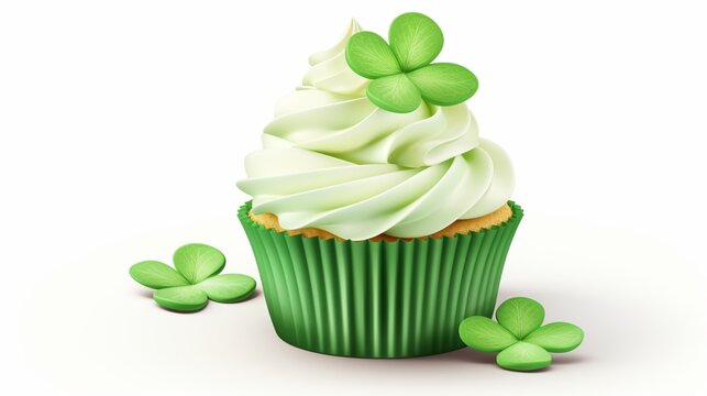 A captivating image presenting a St. Patrick's Day cupcake delicately frosted with shimmering green icing and adorned with a charming clover detail, sure to enchant recipients of a festive party inv