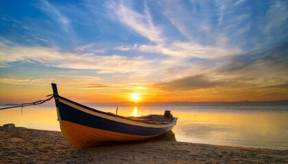 a boat on the beach with sunrise and beautiful sky for nature, tranquility, relaxation