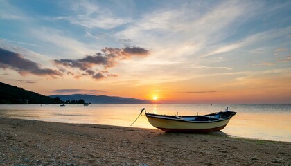 Naklejka na ściany i meble a boat on the beach with sunrise and beautiful sky for nature, tranquility, relaxation