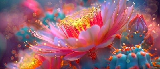 Cactus Flower Radiance: Macro photography captures the radiant beauty of neon-lit cacti blooms.