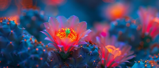 Obraz na płótnie Canvas Cactus Flower Radiance: Macro photography captures the radiant beauty of neon-lit cacti blooms.