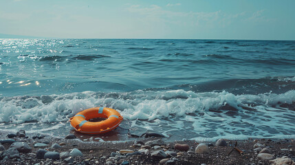Fototapeta na wymiar Orange lifebelt in plastic by the sea.