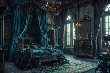 Hauntingly beautiful Gothic bedroom draped in rich fabrics and adorned with antique furniture.