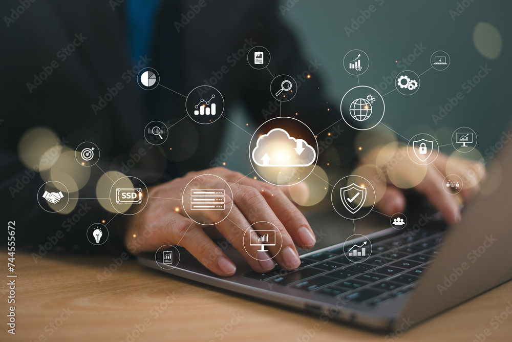 Poster data analytics business concept. businessman use computer laptop, cloud network connection. business