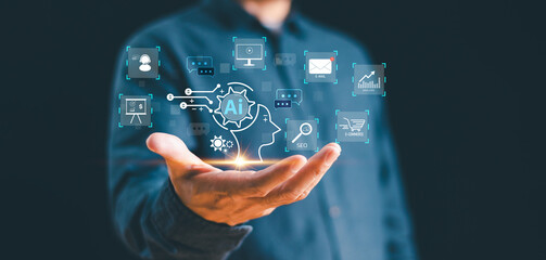 Ai tech expert business. Businessman hand virtual graphic global internet connect robot. Chat AI, Artificial Intelligence. Futuristic technology concept. Computer developer, service tech, bot analytic