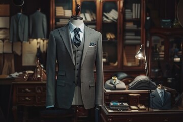 Fototapeta premium Tailored suit on mannequin in luxury bespoke tailoring shop