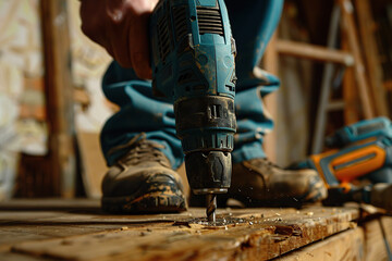 Handyman using cordless powered drill for making a hole in wooden floor - obrazy, fototapety, plakaty