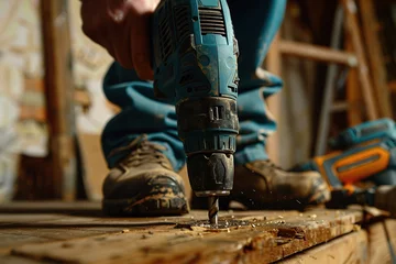 Foto op Canvas Handyman using cordless powered drill for making a hole in wooden floor © Alina