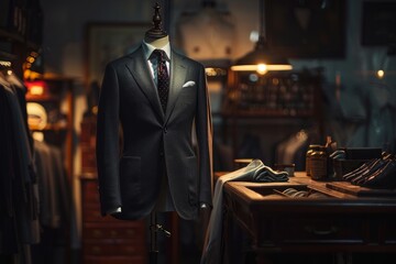 Tailored suit on mannequin in luxury bespoke tailoring shop