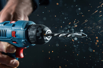 New cordless powered drill in male hand on dark background