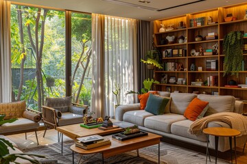 Obraz na płótnie Canvas Modern living room with natural lighting and stylish furnishings.