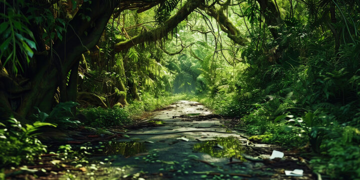 Empty wide abandoned jungle path with fallen trees.Road is covered in moss, ivy, jungle plants. Adventure. Generative AI