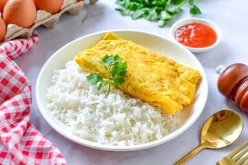 Thai style Rice with omelet  ,street food of thailand ,Thai call khao kai jeaw