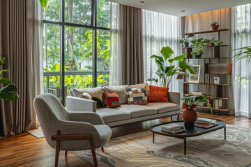 Modern living room with natural lighting and stylish furnishings.
