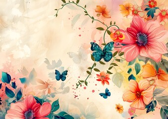 Old style background with flowers and plants
