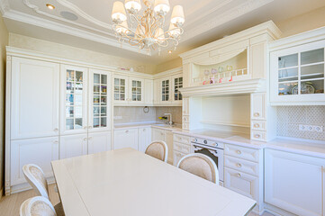 interior kitchen and dining room, refectory area, cooking equipment, table furniture, stove