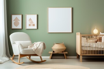 Cozy nursery with wooden furniture and a green background wall.