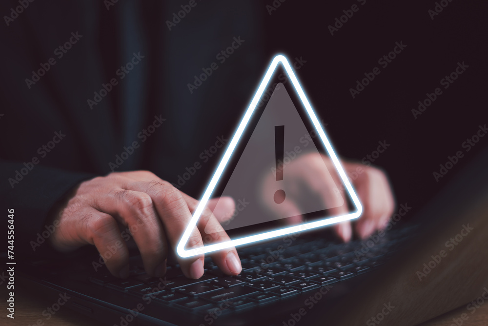 Poster caution failure system hacked warn alert concept. businessman use computer laptop, triangle caution 