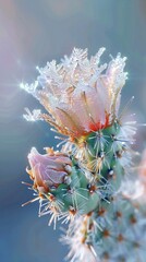 Frozen Cactus Bloom: Macro capture showcases the delicate cactus flower encased in icy crystals.
