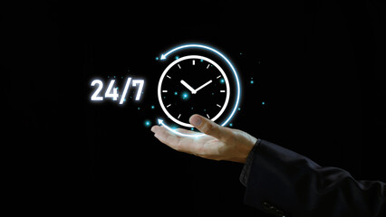 247 clock nonstop service concept. Nonstop business internet technical support work. Man hand show...