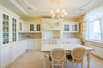 interior kitchen and dining room, refectory area, cooking equipment, table furniture, stove