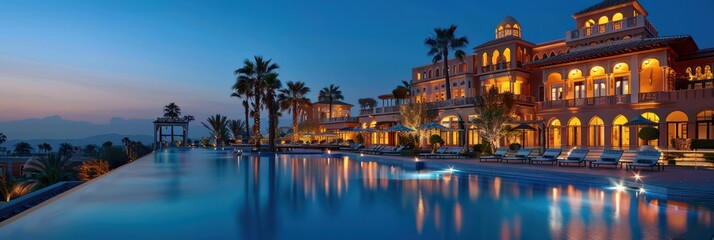 Fototapeta na wymiar Large swimming pool area in a luxury hotel resort.