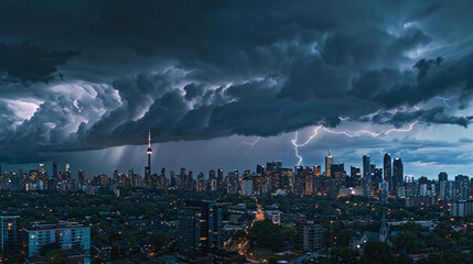 A fierce thunderstorm unleashing over a city skyline.