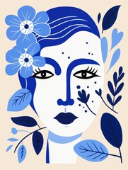Fototapeta na wymiar Woman With Blue Hair and Floral Headpiece. Printable Wall Art.