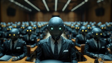 Artificial intelligence robot businessman Wear a suit and tie in the office. Sitting in a team meeting
